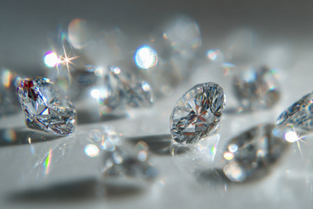 A glittering array of multi-faceted gemstones lays scattered on a mirror-like surface, their facets casting intricate light patterns and dreamy bokeh in a gentle blurredの写真素材