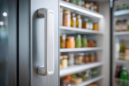 A sleek refrigerator handle in focus, with a softly blurred backdrop revealing neatly arranged shelves filled with colorful jars and containers, illuminated by bright kitの写真素材