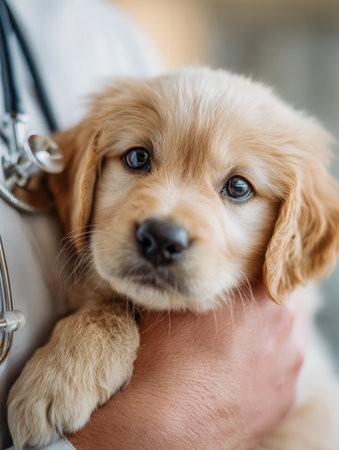 A sweet golden retriever pup is softly cradled by a gentle veterinarian, capturing a moment of trust and warmth amid a professional pet care routine.の写真素材