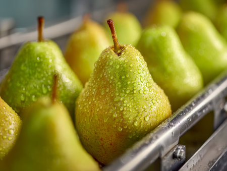 Vibrant green pears glisten with tiny water droplets, arranged in a sturdy metal basket against a bright, sunlit backdrop, perfect for display or fresh produce awareの写真素材