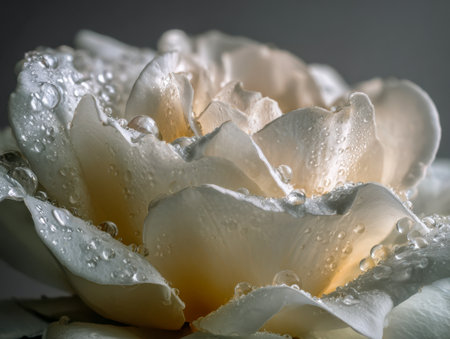 A pristine white rose, lightly sprinkled with dew, captures subtle shimmer under tender illumination, set against a muted backdrop emphasizing grace and purity.の写真素材