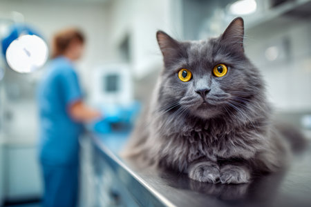 A soft gray feline with mesmerizing amber eyes reclines calmly on a metal work surface as a veterinarian tends to another patient behind the scenes.の写真素材