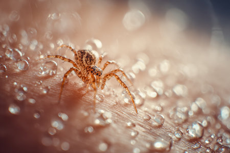 A delicate arachnid navigates a moist surface adorned with glistening water beads that capture and scatter gentle light, creating an intimate macro scene.の写真素材