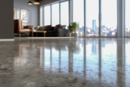 A sleek, glossy concrete surface captures the expansive city skyline through wide windows, complementing contemporary furniture in a luminous, open-concept loft spaceの写真素材