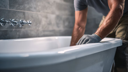 A skilled craftsman dons safety gloves while precisely aligning plumbing components to seamlessly fit a sleek, contemporary bathtub amidst a spotless tiled bathroom settiの写真素材