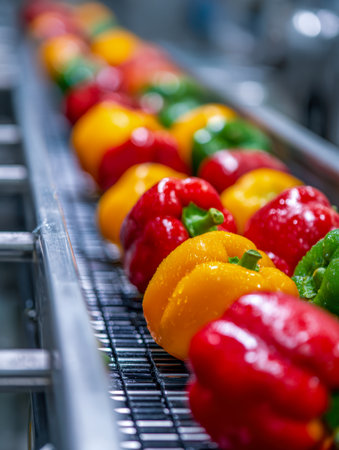 Brightly colored peppers move steadily along a sleek, industrial conveyor in a state-of-the-art facility, symbolizing freshness and efficient food production.の写真素材