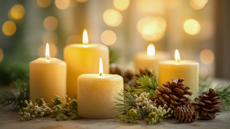 A serene scene featuring softly illuminated candles nestled among pinecones and lush greenery, evoking a welcoming, festive charm perfect for holiday warmth.の写真素材