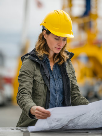 A focused female engineer wearing a yellow safety helmet examines blueprints amidst a bustling industrial environment during daylight hours, exemplifying expertise aの写真素材
