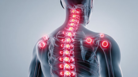 A detailed anatomical drawing emphasizing sensitive regions along the upper spine and shoulder connections, showing areas of swelling and discomfort suggestive ofの写真素材