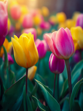 Bright yellow and rosy pink tulips unfold in warm sunlight, surrounded by a gentle, multicolored blur that evokes joyful spring renewal and natural beauty.の写真素材
