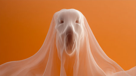 A haunting silhouette draped in delicate, semi-transparent material emerges eerily against a bold, warm orange backdrop, evoking mystery and spectral allure.の写真素材