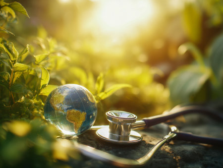A stethoscope lies beside a miniature globe amid lush green foliage, bathed in gentle sunlight, illustrating the harmony between healthcare and environmental sustainabiliの写真素材
