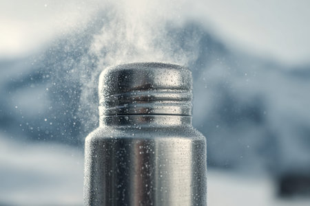 A gleaming metal container emits warm steam amidst a chilly outdoor scene, with snow-capped peaks...