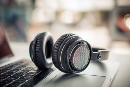 A sleek pair of black headphones nestled on a laptop's keyboard, illuminated by gentle ambient...