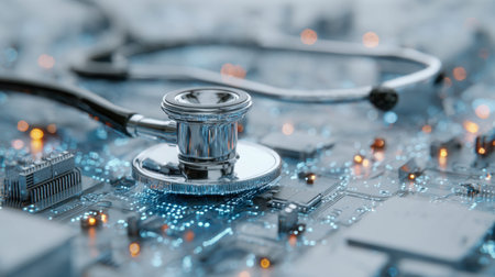 A stethoscope delicately placed on an illuminated circuit board, capturing the fusion of medical...