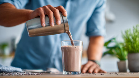 A man transfers a rich, smooth chocolate beverage from a sleek metal container into a transparent...