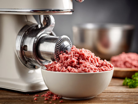 A modern electric grinder turns bright red raw beef into finely minced meat, pooling into a pristine white bowl on a cozy wooden countertop, with utensils ready nearの写真素材