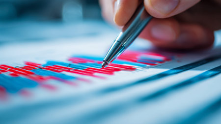 A professional hand reviews a vibrant bar chart featuring red and blue data segments, highlighting...