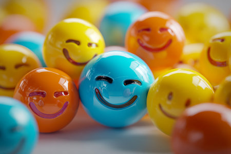 Bright, shiny spheres with cheerful expressions tightly packed together create a lively, energetic...