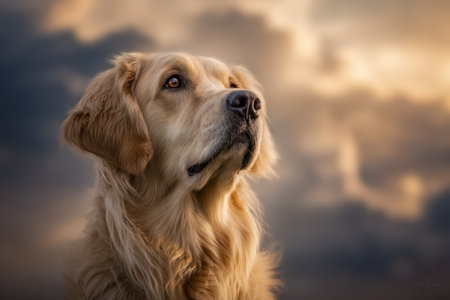 A contemplative golden retriever gazes into the horizon, illuminated by warm sunset hues, set against a striking, cloud-laden sky that evokes peaceful reflection.の写真素材