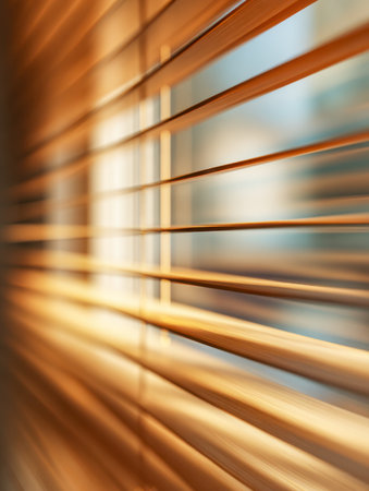 Gentle sunlight filters through wooden blinds, casting inviting shadows and illuminating a peaceful interior ambiance with soothing, natural glow.の写真素材