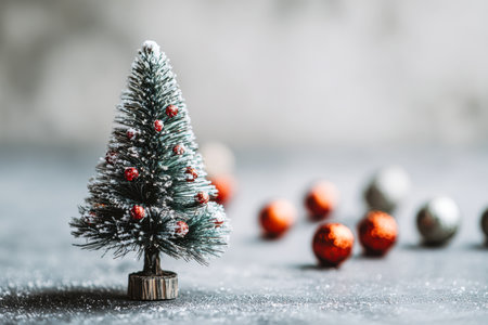 A miniature faux evergreen adorned with faux snow and vibrant red berries rests on a textured base, with shimmering red and silver ornaments softly blurring behind.の写真素材