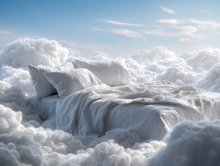 A plush white bed adorned with gentle linens floats amid cotton-like clouds beneath a vivid blue sky, evoking tranquility and sweet dreams.の写真素材