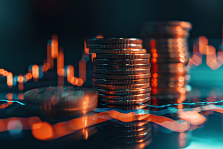 High quality image of a stack of coins with graph chart showing business growth for marketing