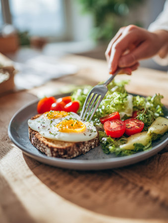 A vibrant morning meal showing crispy whole grain slices topped with bright sunny eggs alongside a colorful mix of greens and cherry tomatoes, set on a rustic wooの写真素材