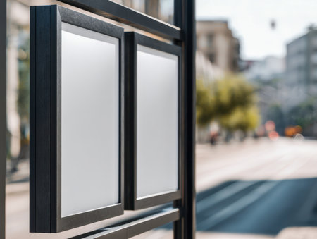 Two sleek black-framed poster panels stand outdoors against a vibrant urban backdrop, with lush greenery and bustling streets bathed in bright sunlight.の写真素材