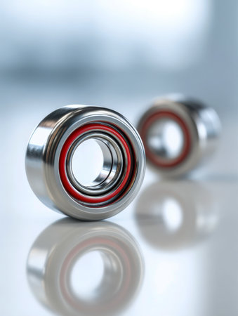 Twin polished sphere mechanisms with crimson gaskets sit on a glossy surface, set against a gentle, out-of-focus backdrop showing sophisticated mechanical parts.の写真素材