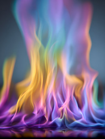 A mesmerizing display of energetic, swirling flames in vivid hues of purple, blue, yellow, and pink, set against a gentle gradient backdrop that enhances their etherの写真素材