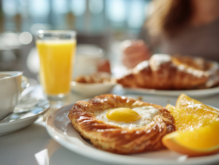 Warm sunlight illuminates a cozy table featuring a flaky pastry crowned with a sunny-side-up egg, vibrant orange slices, fresh juice, and steaming coffee.の写真素材