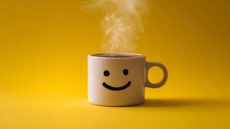 A cozy ceramic cup featuring a joyful expression, brimming with aromatic hot coffee, set against a lively yellow backdrop that evokes sunny, upbeat morningsの写真素材