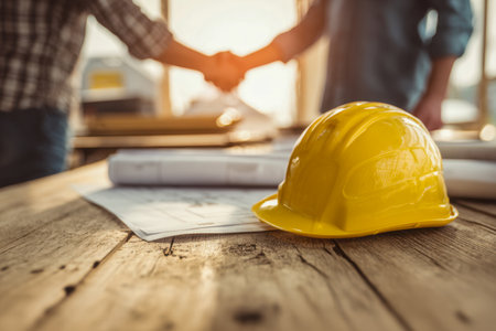 A bright yellow safety helmet rests on a rustic wooden surface, amidst detailed plans, as two experts seal a deal with a firm handshake behind them.の写真素材