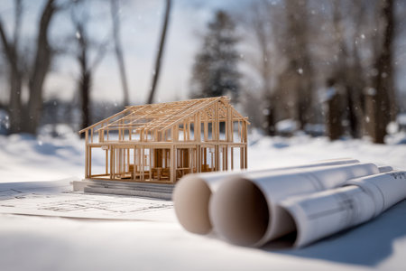 A detailed miniature house design accompanied by precise blueprints and assembly sketches, set against a tranquil snow-covered terrain under gentle winter sunlight.の写真素材