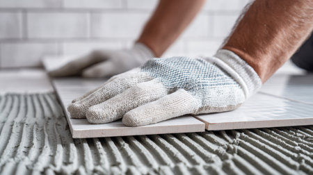 A skilled craftsman in safety gloves carefully arranges glaming white tiles onto a prepared surface, transforming a room during a home upgrading process.の写真素材