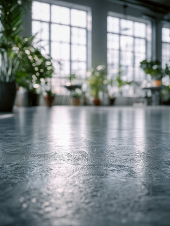A stylish open-plan setting featuring sleek concrete flooring, bathed in sunlight from expansive windows, and enhanced by lush potted greenery for a lively atmosphereの写真素材