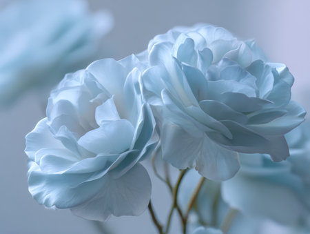 A tranquil arrangement of pale blue roses with intricate, ruffled petals, illuminated by soft light, exuding elegance and a peaceful, calming presence.の写真素材