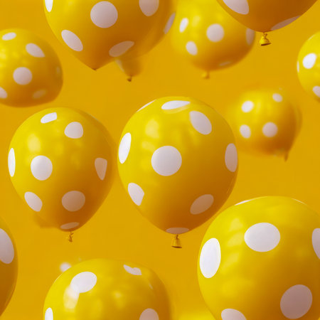 Bright yellow spheres adorned with lively white spots drift upward, filling the scene with joy and energy ideal for lively events and happy gatherings.の写真素材