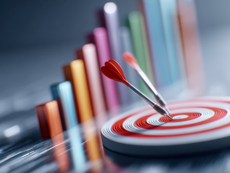 Precision and triumph are captured as two darts strike the center of a vibrant target, set against a dynamic backdrop of colorful growth charts representing progress andの写真素材