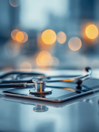 A sleek stethoscope gently drapes over a tablet, set against a backdrop of glowing cityscape lights, symbolizing innovative healthcare and digital medicine.の写真素材