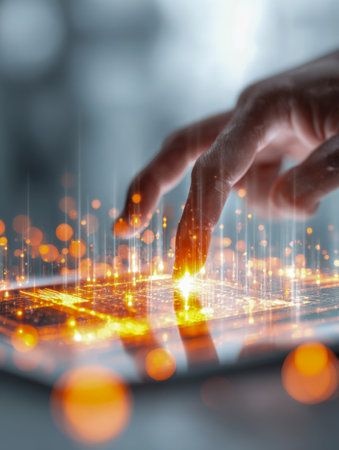 A professional engages with a radiant holographic display, navigating vibrant data flows in a sleek, cutting-edge tech setting, evoking innovation and digital masterの写真素材