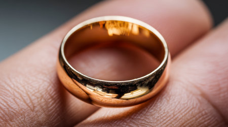 A radiant gold ring gently pinched between fingertips, showcasing a sleek, high-polish finish that captures and reflects light on its elegant, curved form.の写真素材
