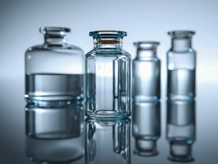 Varied glass containers with precise water markings rest on a reflective surface, set against a soothing blue backdrop, evoking a sense of scientific clarity and precisionの写真素材