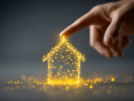 A hand gently interacts with an illuminated networked house composed of shimmering golden points, representing cutting-edge smart home solutions and technological prの写真素材