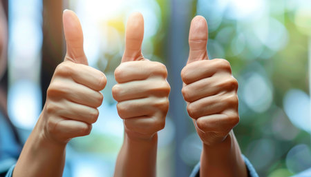 Close up of business people showing thumbs up approval in professional workplaceの写真素材