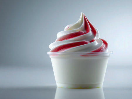 A creamy vanilla soft serve with a lively red strawberry drizzle sits in a transparent cup, reflected on a sleek surface against a gentle gradient backdrop.の写真素材