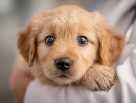 A tender moment showcasing a fluffy golden retriever pup cradled peacefully, its gentle gaze revealing pure innocence and deep affection in a heartfelt close-up.の写真素材