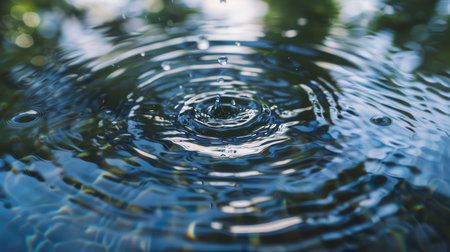 High quality image of water dripping and ripping waves in a tranquil pond, nature backgroundの写真素材